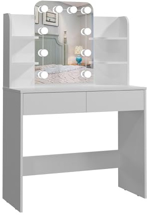 Panana Makeup Table with Led Mirror, Dressing Table Vanity with 4 Shelves and 2 Drawers, Vanity Talbe for Home Furniture (White)