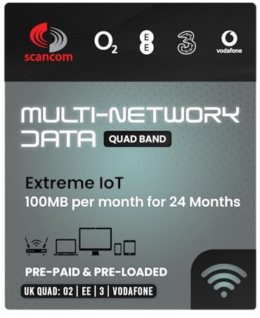 IoT Multi-Network Data Sim Card - Automatic Monthly Data renewed for 2 years - Preloaded with EE, Three, O2 & Vodafone (100MB per month for 24 months)
