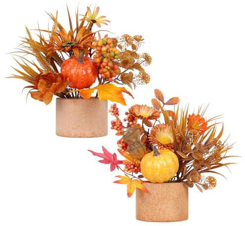 YINGQIWISH 2PCS Fall Decor, Artificial Maple Leaves Pumpkin Berry Table Decorations, for Home Autumn Harvest Halloween Thanksgiving Holiday Party Table Centerpieces Fireplace Decor.