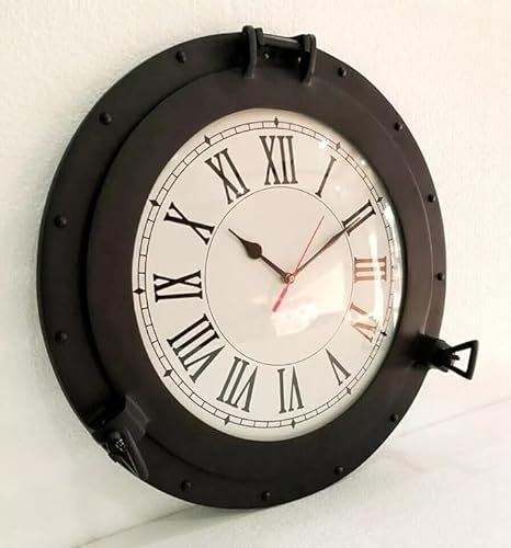 Gulvintilabcal Orologio analogico da parete decorativo da parete in ottone con oblò a forma di nave da 17 pollici