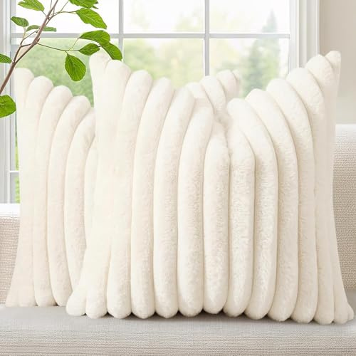 decorUhome Faux Fur Cushion Covers 45x45 cm Set of 2, Decorative Soft Plush Striped Neutral Pillow case 18X18 Inch with Velvet Back for Sofa, Bed, Living Room Home Decor, Cream White