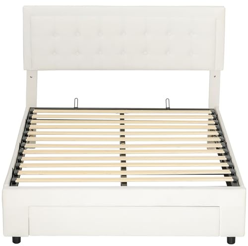 HOMCOM Upholstered Ottoman Bed with Storage Drawer 4ft6 Double Cream White