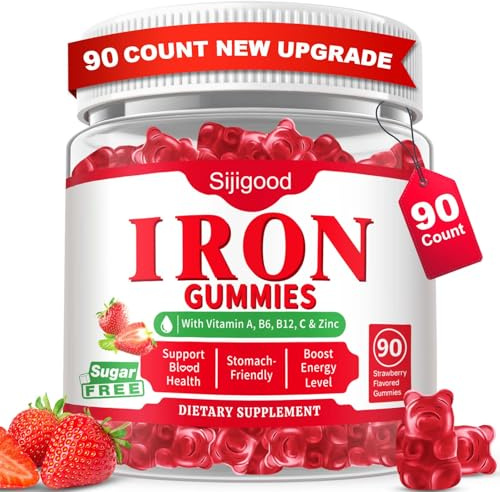 90 Count | Iron Supplement for Women, Men & Kids, Iron Gummies for Iron Deficiency & Anemia with Vitamin C B6 B12,Folate-Iron Supplement Support Bl♡♡d Oxygen & Energy Boost, Vegan,Non-GMO &Gluten Free