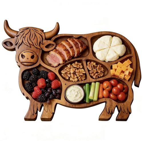 Highland-Cow Wooden Charcuterie Board, with Distinct Artistic Design, 33cm, Cow-Shaped Serving Board, Charcuterie Snack Platter, Rustic Wooden Design, for Cheese, Meat, Fruit, Home, Party, Banquet