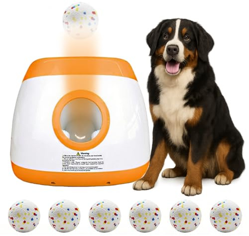 TIEXITOR Lanciatore automatico di palline per cani di grandi dimensioni con 6 palline in ETPU (6,3 cm), lanciatore di palline per cani di taglia media e grande, 3 distanza regolabile da 26 a 20 m