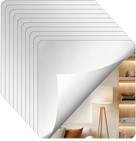 10 piezas de azulejos de espejo autoadhesivos, espejos para pegar 20 x 20 cm, decoración de pared de acrílico autoadhesiva, espejos adhesivos para armarios, paredes y baños