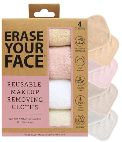 ERASE YOUR FACE Face Reusable Makeup Removing Cloths With Friendly Packaging By Danielle Enterprises 4 Pack D50007, ECO, 1 Count