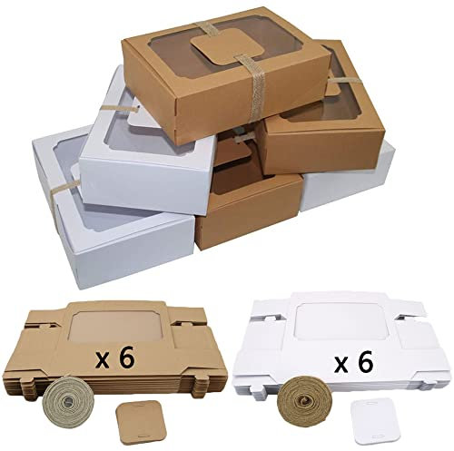 12 Stücke Pappe Geschenkbox, Boxen aus Kraftpapier, Geschenk Box mit Transparentem Sichtfenster, Gebäck Karton mit Fenster, mit 12 Papierkarten und einer Garnrolle, 2 Farben, für Desserts, Kuchen