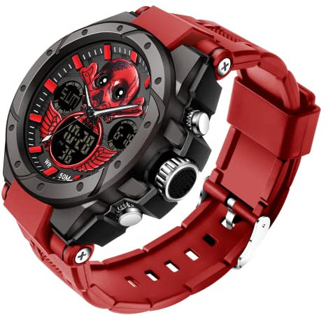 findtime Herren Uhren Digital Militär Sport Outdoor Totenkopf-Motiv Schädel Wasserdicht Timer Chronograph Countdown Tactical Watch Analog Armbanduhr Männer Jungen LED Kalender 12/24H Stoppuhr Wecker