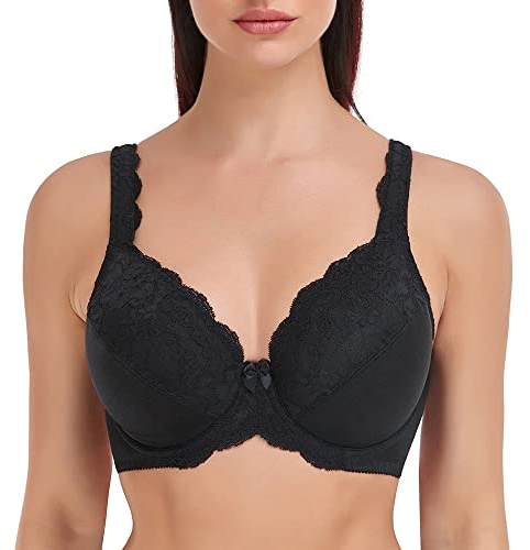 Ayigedu Women's Lace Minimizer Bra Full Coverage Plus Size Underwire Non-Padded Comfort Bra 38-G Black