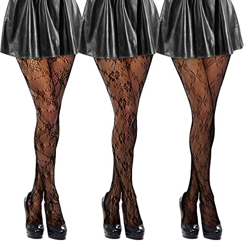 Ylinge 3 Paia di Collant a Rete da Donna Con Motivo Floreale in Pizzo a Vita Alta, Calze Nere Fantasia, Taglia Unica