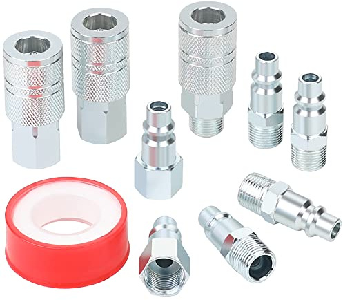 3/8’’ High Flow Air Hose Fittings Set, 3PCS 3/8 Body I/M Industrial Air Coupler and 6PCS 3/8 Body Air Plug with 3/8 Inch NPT Threads Size, 10PCS Air Compressor Accessories Quick Connect Set