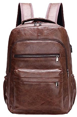 Perfeclan Sac à Dos Ordinateur Portable en Cuir PU, Sac à Dos de Voyage Imperméable avec USB Charging Port, Sac à Dos Décontracté Sac à Main Résistant à L'usure Pochette Confortable Sac à Dos, CAFÉ