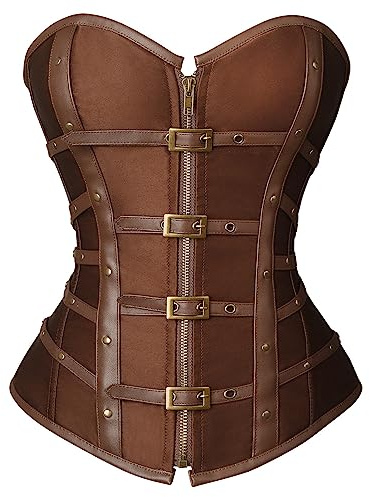Charmian Women's Steampunk Gothic Satin Zipper Overbust Corset Top with Buckles Brown X-Large