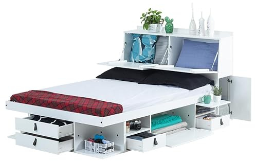 Bali Double Bed Storage + Functional Headboard 180 x 200 cm White Slatted Frame