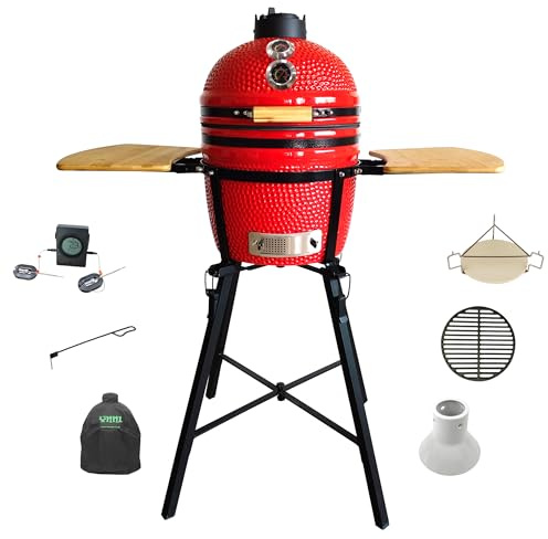 YNNI KAMADO TQTT15REN Kamado de pie de 15.7 pulgadas con carrito y mesas auxiliares, parrilla, rojo, barbacoa, cerámica, huevo, ahumador, paquete con extras TQTT15REN