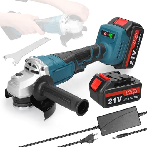 Weytoll Meuleuse d'angle sans fil 125 mm, 21 V, moteur sans balais, 2x batterie 1300 mAh, paroi acoustique, poignée auxiliaire, vitesse continue, verrouillage