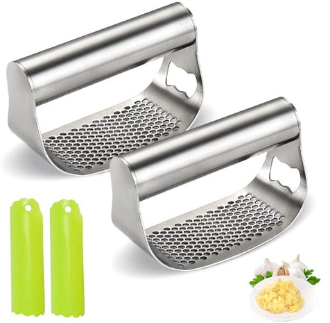 2 Stück Upgrade Edelstahl Knoblauchpresse, 2024 Neue Knoblauchpresse Wippe, Robuster Knoblauchpresse Edelstahl, Garlic Press mit Flaschenöffner und Silikon Knoblauchschäler, Küchenutensilien