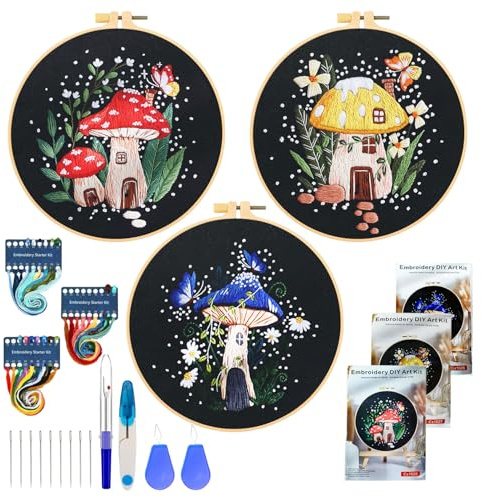 3 stycken broderiset för vuxna svampbroderi kit broderiset för nybörjare gör-det-själv korsstygn set broderiset med instruktioner svamp stämplat broderi set nybörjare för gör-det-själv konst hantverk