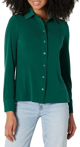 Amazon Essentials Camisa Abotonada de Punto Mate de Ajuste Regular para Mujer, Color Verde Oscuro, Talla M