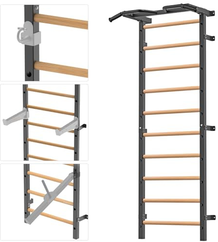 Kipika Gymnastic Stall Bar - 2x2 Swedish Ladder with 1 Hole, Wall Mounted Pull-up Bar Ladder Suspension Trainer, Solid Wood Grips Gymnastics Training Bar for Home, Wall Gym, School