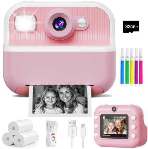 Instant Camera, Front Rear Dual Selfie Kids Camera with 1080P Videos, Holiday Birthday Gifts for Kids Age 3-12, Toddler Portable Travel Print Digital Camera Toy for 4 5 6 7 8 9 Year Boys Girls