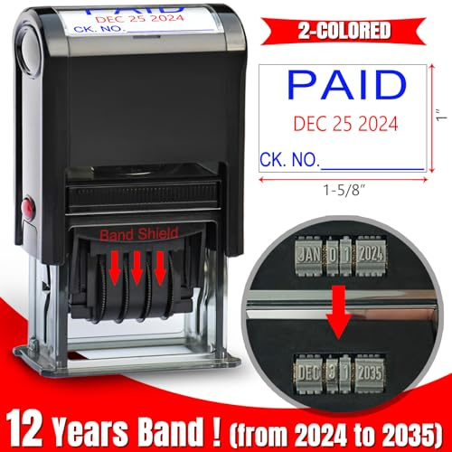 Bertiveny Paid-Stamps-with-Date Self Inking Date-Stamps Office Stamps for Business Supplies Paid Stamp with Check NO. & Date, 12-Year Bands 2-Colored Ink 2025 (Paid with Check NO. & Date)