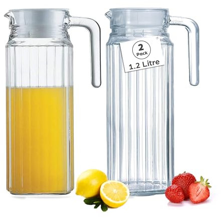 Glass Water Jug with Lid 1.1L – 2 Pack | Premium Fridge Glass Pitcher for Hot & Cold Drinks | Ideal for Juice, Iced Tea, Milk & More | for Home & Kitchen