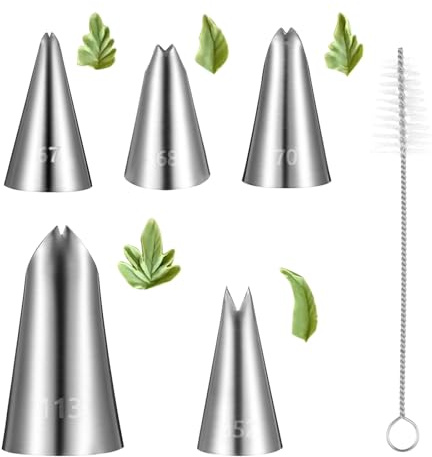 6PCS Leaf Piping Tips Cake Decorating Tips Stainless Steel Piping Tip Leaf Pipings Icing Nozzle Cupcake Decorating Kit Cake Decoratings Tools for Pastry Fondant DIY Baking Tools with Cleaning Brush