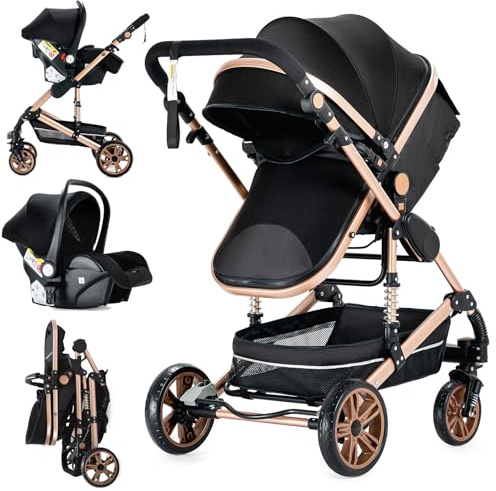 Veitoalioy Carrito Bebe 3 en 1, Cochecito de Bebé Conveniente y Multifuncional. Portátil Cochecito Plegable, Carrito de Paisaje Alto Se puede empujar hacia adelante y hacia atrás (739 Black Gold)
