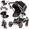 Veitoalioy Poussette 3 en 1, Système De Voyage Pour Bébé, Haute vue Poussette Bebe Pliante, Poussette Poussant Avant Et Arrière En Aluminium (739 Black Gold)
