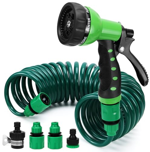 Manguera de jardín en espiral, 7,5 m, manguera de jardín flexible con 8 funciones, a prueba de fugas y resistente a la presión para lavar coches, regar jardines y duchas de mascotas (verde)