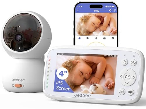 jeeber 1080P Wifi Video Baby Monitor with App, 4'' IPS Screen, HD Night Vision, Motion & Cry Detection, 360° PTZ Camera, Two-Way Talk, Lullabies, Temperature Sensor, Feeding Reminder, Virtual Fence