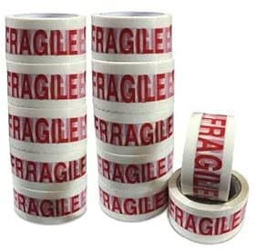 JeeJaan® 12 Rolls of Fragile Plastic Tape for Packing Boxes 48mm x 66m Bold Red Printed Parcel Tape for Packing Shipping Sealing Cartons House Moving Packaging Office Warehouse and Storage Protection