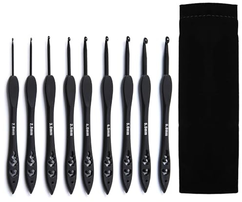 UIHRLM 9PCS Crochet Hooks Set, 2.0mm - 6.0mm Lightweight Crochet Hooks Set with Storage Bag and Comfortable Grip, Ergonomic Knitting Needle Kit for Beginners Experienced Knitting Lover (Black)