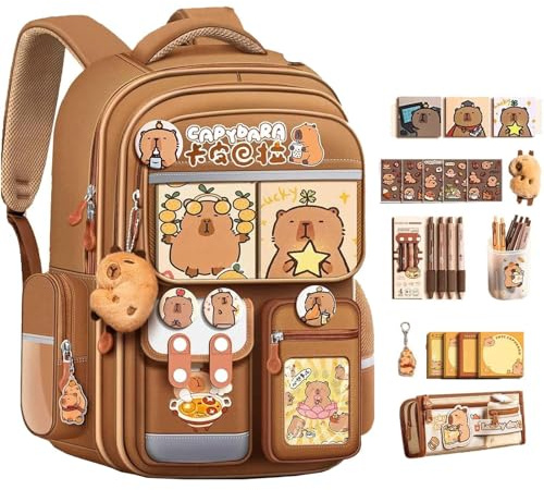 WANWEN Capybara Sac à Dos pour L'école, Capybara Sac D'école avec Bandes Réfléchissantes, Cartable Kawaii pour Filles avec Kawaii Accessoires, Cartable Fille Primaire Capybara