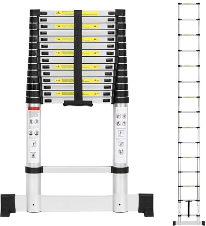 Eikuavons teleskopstege, 4,4 m aluminium, utdragbar stege med stabilisator, belastning 150 kg, halkfri aluminiumstege stående stege multifunktionsstege för vind, kontor, husbil, klättring