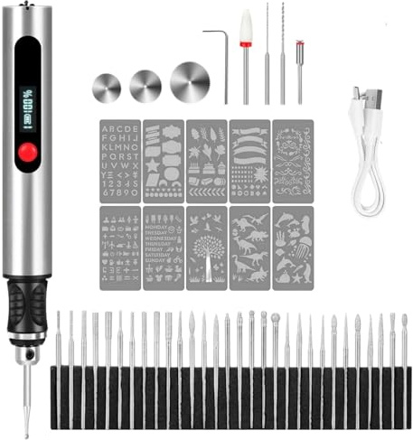 Kit Complet de Gravure Électrique – Le outil de gravure portable, livré avec 30 têtes de gravure et 10 gabarits, adapté aux créations DIY sur métal, bois et verre