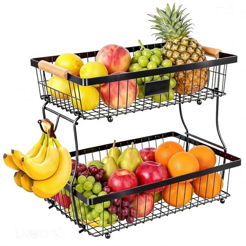 Dwitkul Frutero 2 Pisos, Fruteros de Cocina, Diseño Desmontable, Frutero para Guardar Fruta y Verdura (Negro)