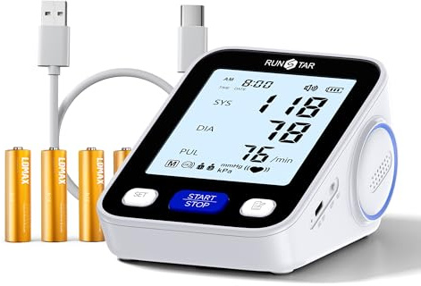 Tensiomètre RunStar avec écran LCD 4,2 et brassard à large plage de mesure (22–42 cm) pour une utilisation à domicile, mesure numérique automatique, sac de rangement et 2 x 99 emplacements de mémoire
