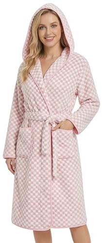 PJGGZ Checkered Hooded Bathrobe for Women, Coral Microfiber Towel Material Quick Dry Soft Absorbent Plush Y2K Robe(L/XL, Pink Plaid)