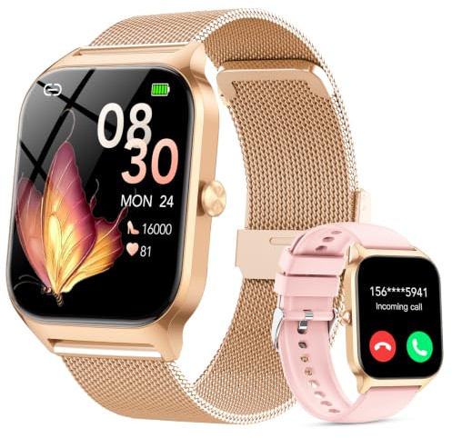 CASCHO Smartwatch Mujer Elegante 1.85 HD con Llamadas Bluetooth y Asistente IA, Reloj Inteligente Mujer con 2 Correas, Sueño, Frecuencia Cardíaca y Oxígeno en Sangre, Android iPhone（Oro Rosa）