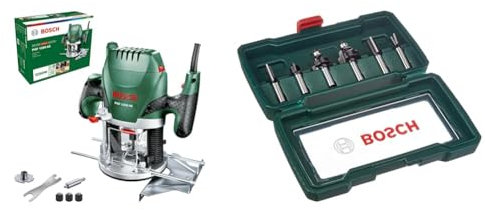 Bosch POF 1200 AE - Fresadora de superficie, fresa de ranurar, adaptador de aspirar, llave de boca,casquillo copiador, tope paralelo + Bosch 2607019463 - Set con 6 fresas con inserción de 8 mm