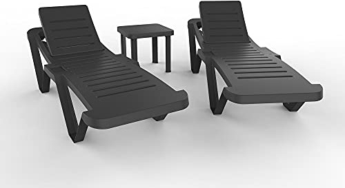 RESOL Master-Set mit 2 Liegestühlen und 1 Beistelltisch Andorra | Liegestuhl für den Außenbereich mit Stapelrollen mit Verstellbarer Rückenlehne | Gartenmöbel mit UV-Schutz - Anthrazit