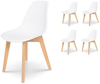 Kosmi Lot de 4 chaises Style scandinave modèle Gabby - Coque en résine Blanche et Pieds en Bois Naturel