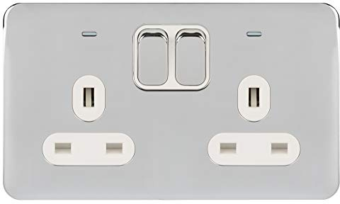 Schneider Electric GGBL3021DWPC Lisse Screwless Deco, Switched Double Power Socket, Double Pole with Neon Indicator, Polished Chrome with White Insert, 13 A