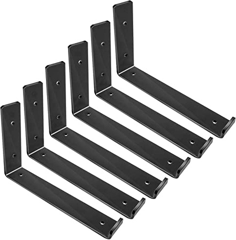 Shelf Brackets 5.5 x 4 Inch, Heavy Duty Black Metal Floating Shelf Bracket, Rustic Farmhouse Decorative Iron L Bracket with Lip/Hook, J Brackets Wall Angel Corner Brace for Wood Shelves - 6 Pack
