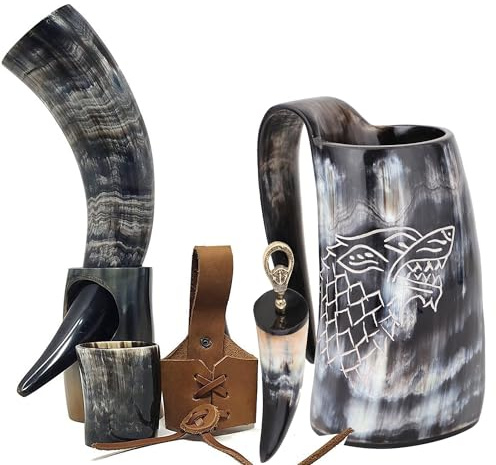Brainmart Taza de Cuerno Vikingo Juego de Tronos Abrebotellas Taza de Whisky Funda para cinturón Cuerno para Beber con Soporte para Ale, café, Vino, Hidromiel, Bebida fría (Natural, Juego de 5 piezas)