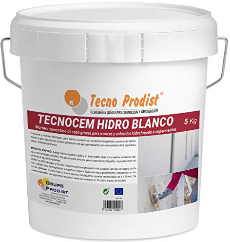 TECNOCEM HIDRO de Tecno Prodist (5 Kg) Mortero cemento de capa gruesa para revocos y enlucidos, hidrofugado e impermeable de color blanco