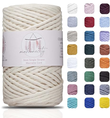 Makromecity, Single Strand Macrame Cord 3 mm x 109 Yards (328 feet) 3mm Single Strand Natural Cotton Cord for Macrame Art & Crafts for Wall Hangings Recycled Cotton Cord Yarn DIY (Ecru, 1 Skein)